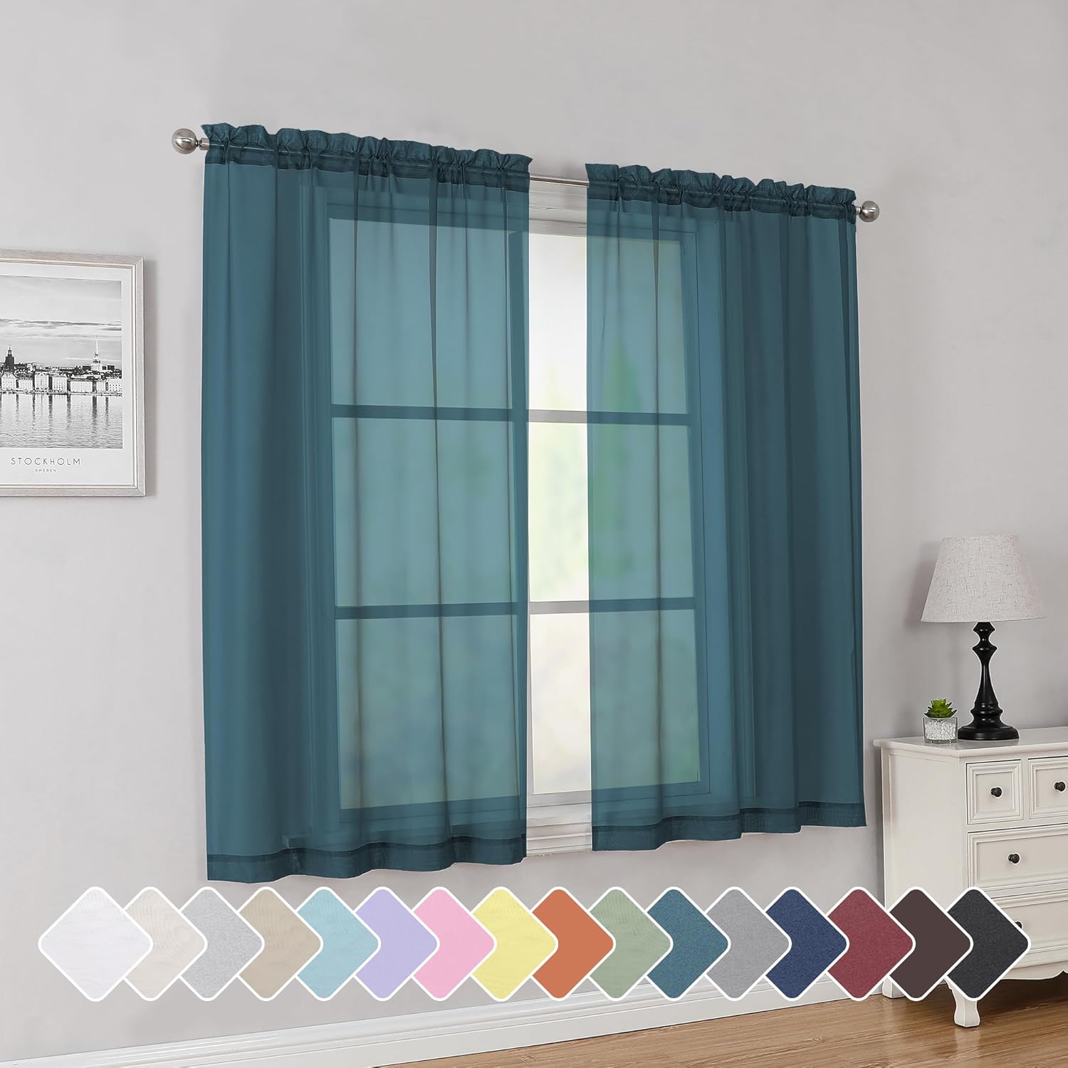 Black Sheer Curtains 63 Inch Length 2 Panels, Rod Pocket Solid Color Window Sheer Curtain Panels, Elegant Curtains & Drapes for Living Room, Bedroom 2 Panels (Black, 42" W x 63" L)