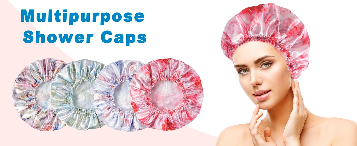 4 PCS Shower Caps for Women, Elastic and Reusable Bath Caps, Double Waterproof Layers Shower Cap, Bathing Shower Caps, Environmental Protection Hair Bath Hat - Printed Color