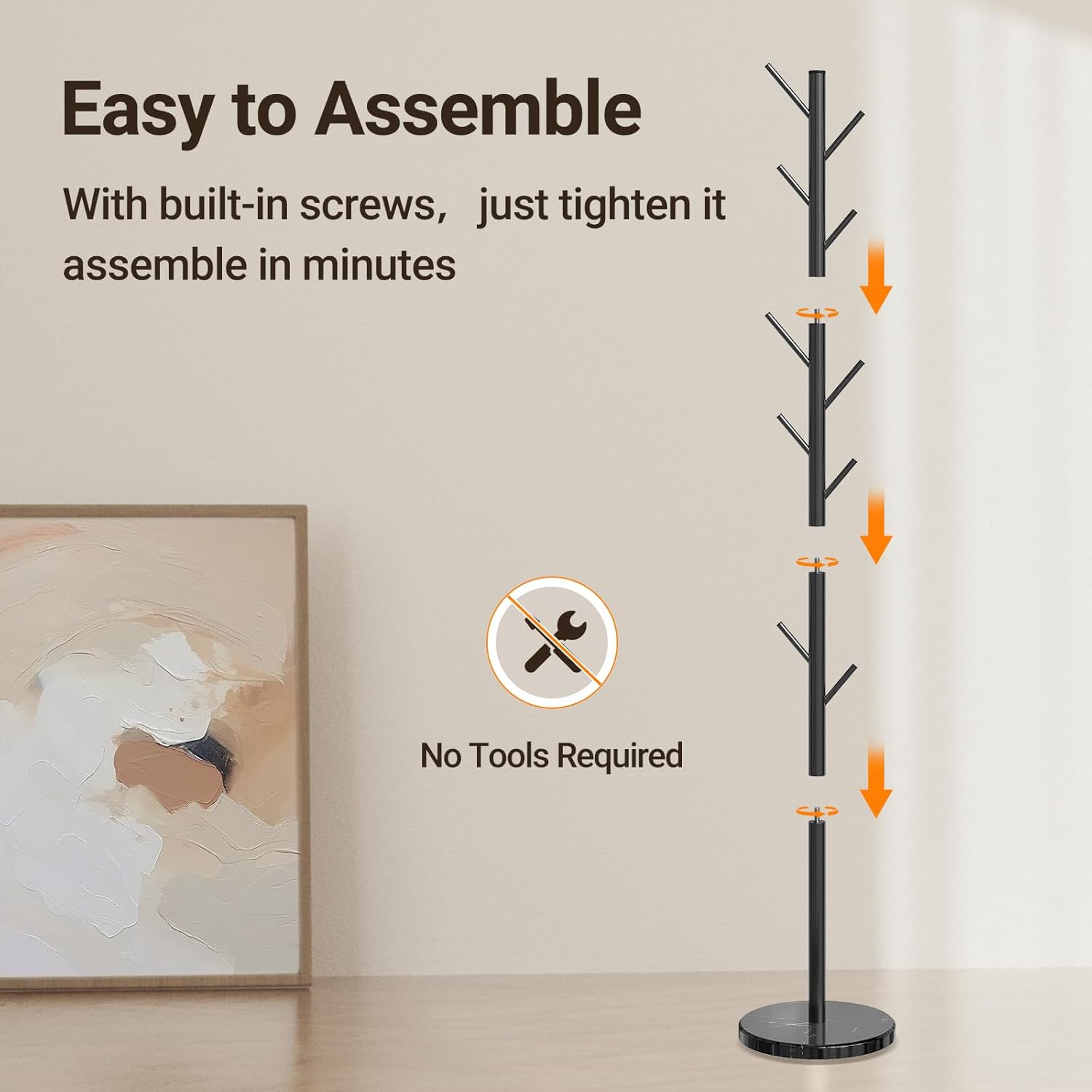 Coat Rack Freestanding with Natural Marble Base, Metal Coat Rack Stand with 10 Hooks, 3 Adjustable Size Coat Tree for Bags, Clothes, and Hats for Entryway, Bedroom, Hallway, Office, Black