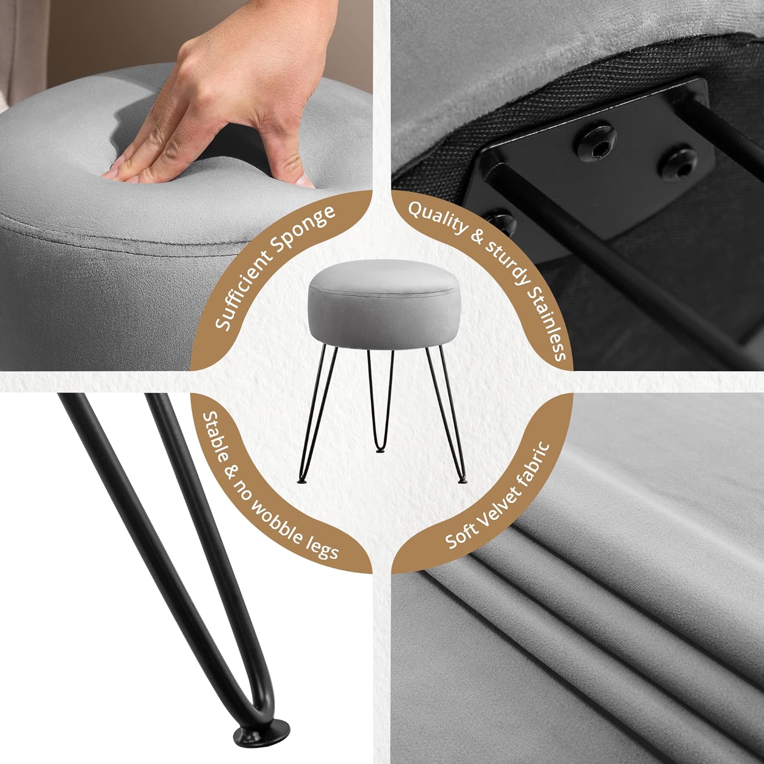 Vanity Stool, Gray Vanity Stools for Makeup Room, Round Ottoman Foot Stool, Velvet Footrest Vanity Chair for Bathroom Vanity, Bedroom, Living Room, Entryway, Offices, 300lbs