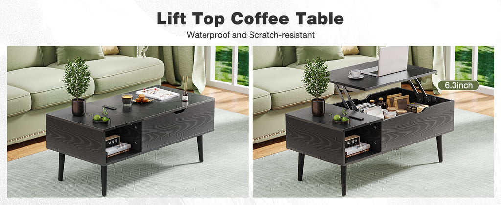 OLIXIS Wood Lift Top Coffee Table with Hidden Compartment and Large Storage Shelf, Lift Tabletop Dining Center Table for Home Living Room Office, Black
