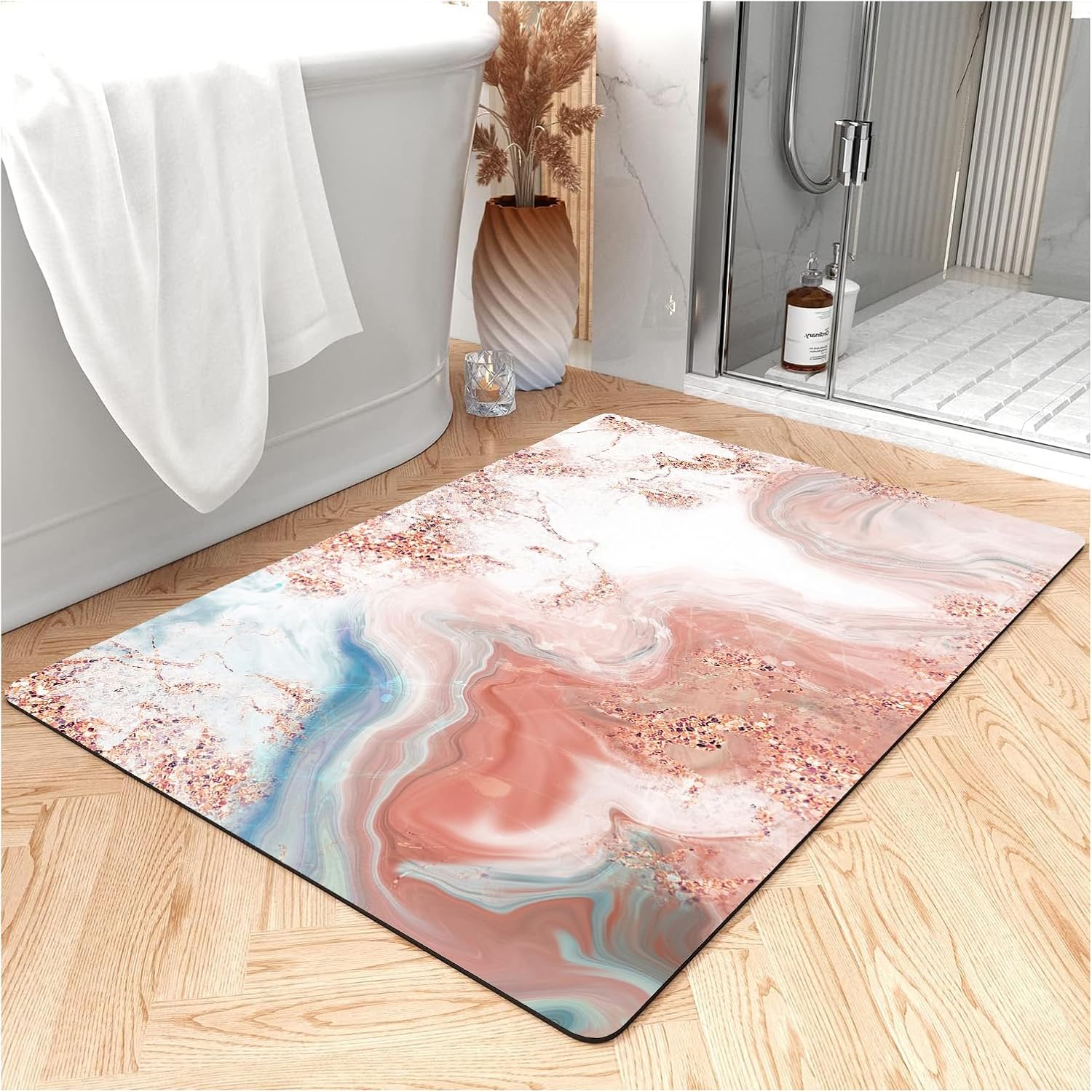 Fast Drying Thin Bath Mat Bathtub Mat | Diatomite Bathmat with Absorbent and Non-Slip Surface Easy to Clean | Colorful Marble Texture Bathroom Rug (3x5ft/36x60in/90x150cm, Pink/Medium Purple)