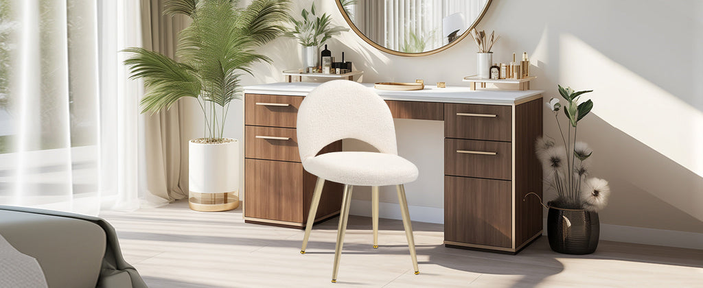Vanity Chair with Adjustable Backrest, Boucle Upholstery Armless Makeup Stool, Cream White Sherpa Vanity Stool with Gold Metal Legs for Bedroom Living Room Kitchen Dinning Room (Gold and White)