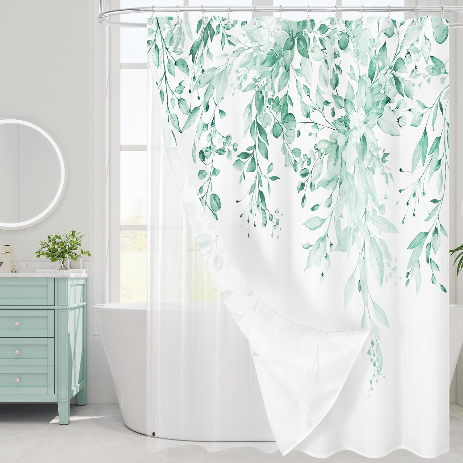 Grey Eucalyptus Shower Curtain, Watercolor Plant Leaves with Floral Bathroom Shower Curtain Set, Gray White, 72x72